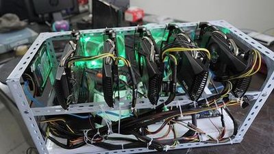 A powerful mining rig with multiple GPUs designed for efficient cryptocurrency mining.